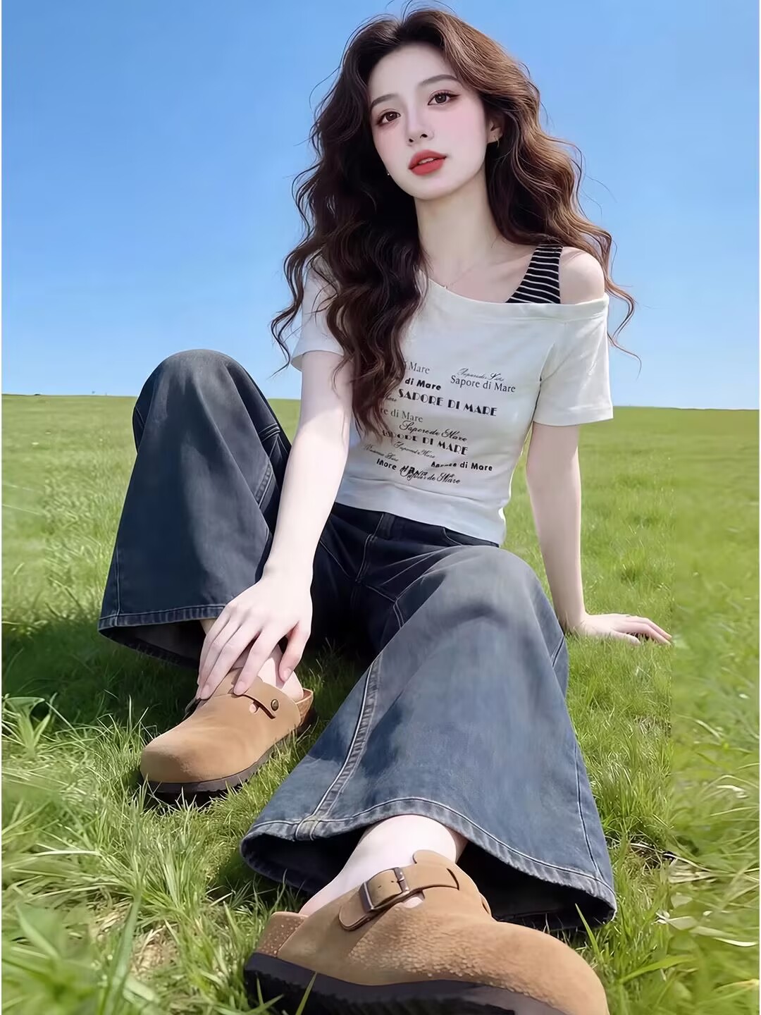 RY2423# 实拍2026夏季新款别致字母印花显瘦T恤女辣妹收腰显瘦露肩...