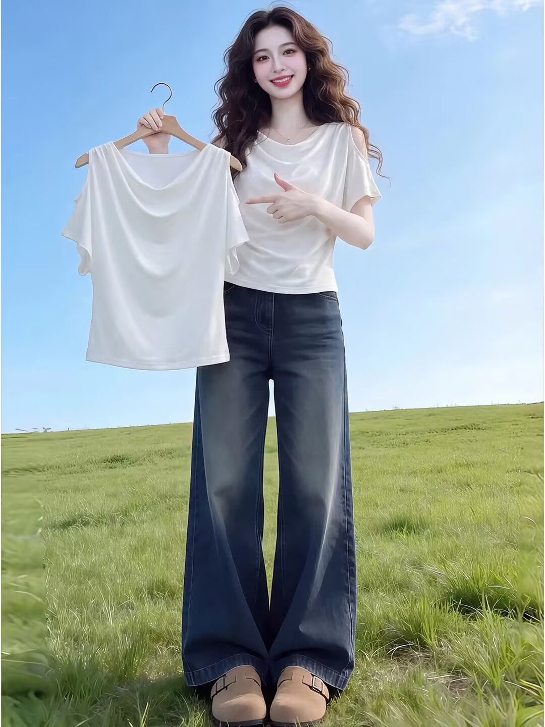 RY2422# 实拍~ 2026夏季新款美式露肩荡领宽松遮肉短袖蝙蝠衫上衣...