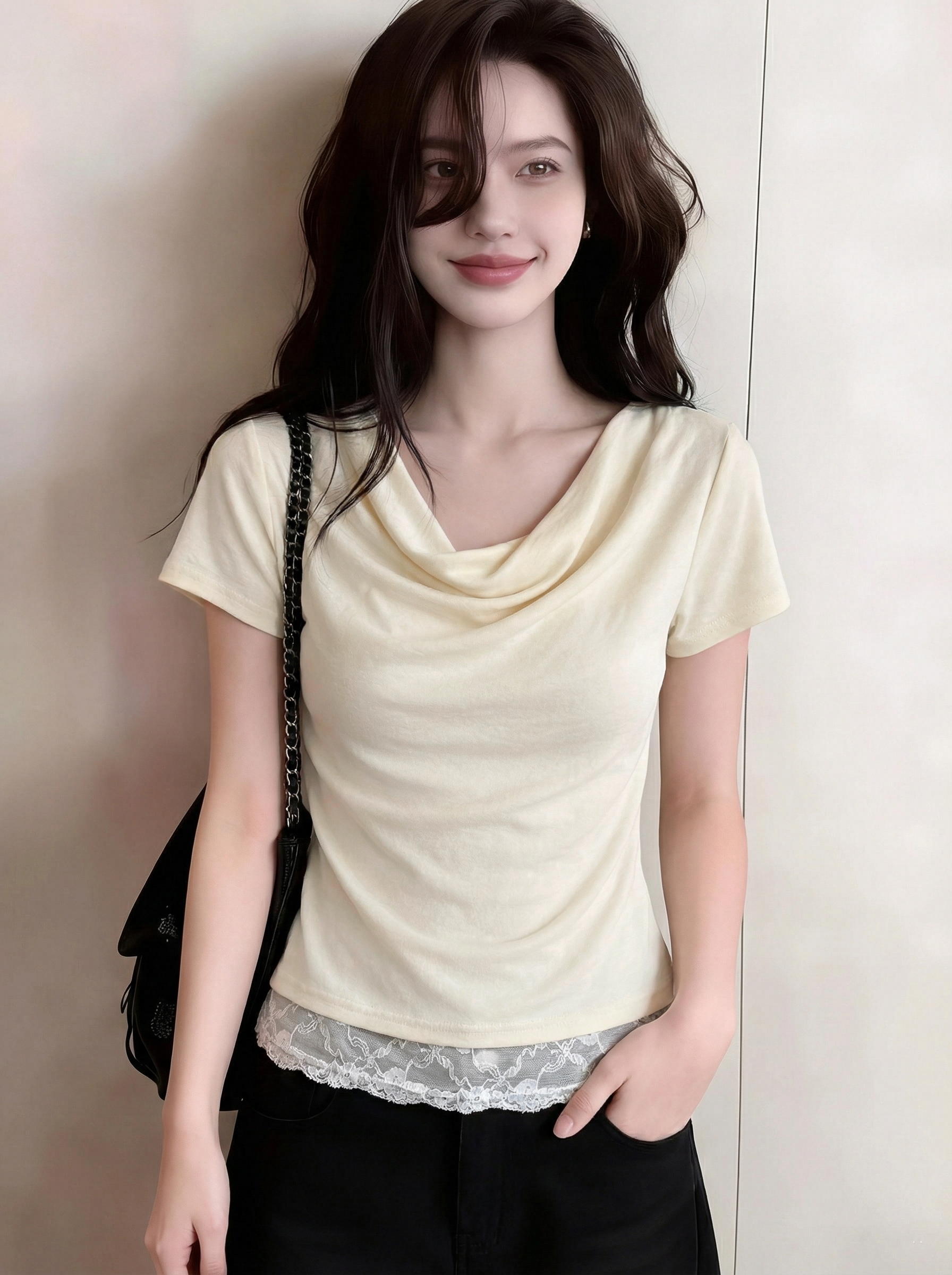 RY2420# 实拍夏日松弛感褶皱蕾丝拼接荡领上衣女韩系显瘦百搭纯欲短袖t...