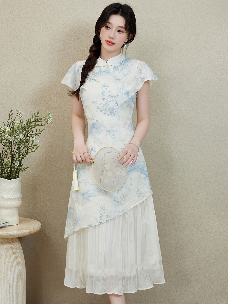 MY8667# 新中式改良绝美旗袍连衣裙女新款夏季国风水墨晕染连衣裙女裝貨...