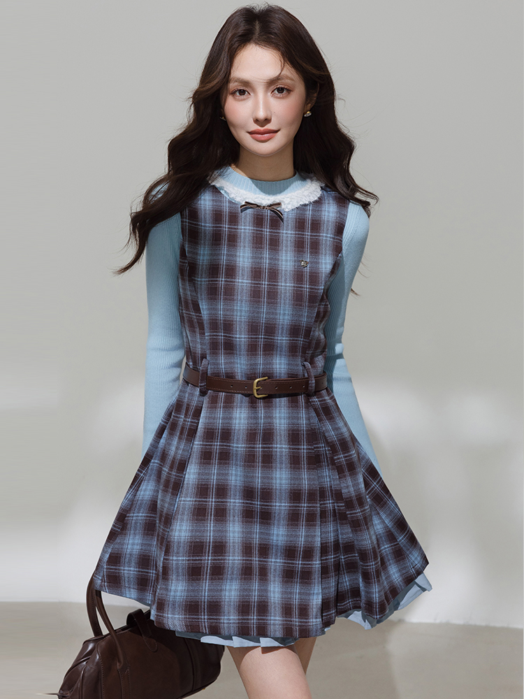 miu系學院風早春穿搭套裝女格紋絕美連衣裙內搭收腰百褶裙小個子