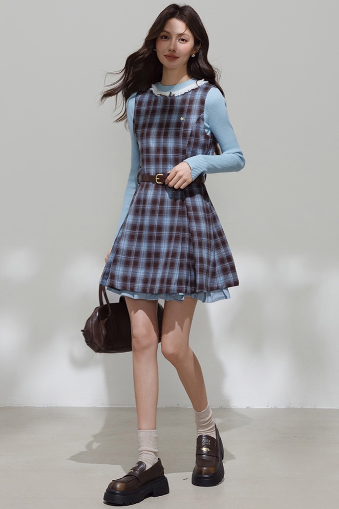 miu系學院風早春穿搭套裝女格紋絕美連衣裙內搭收腰百褶裙小個子