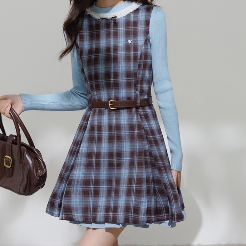 miu系學院風早春穿搭套裝女格紋絕美連衣裙內搭收腰百褶裙小個子