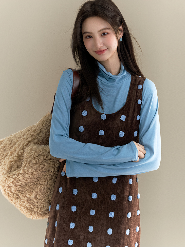 韓系咖色加厚波點連衣裙女2026春季新款休閑寬松氣質背心長裙