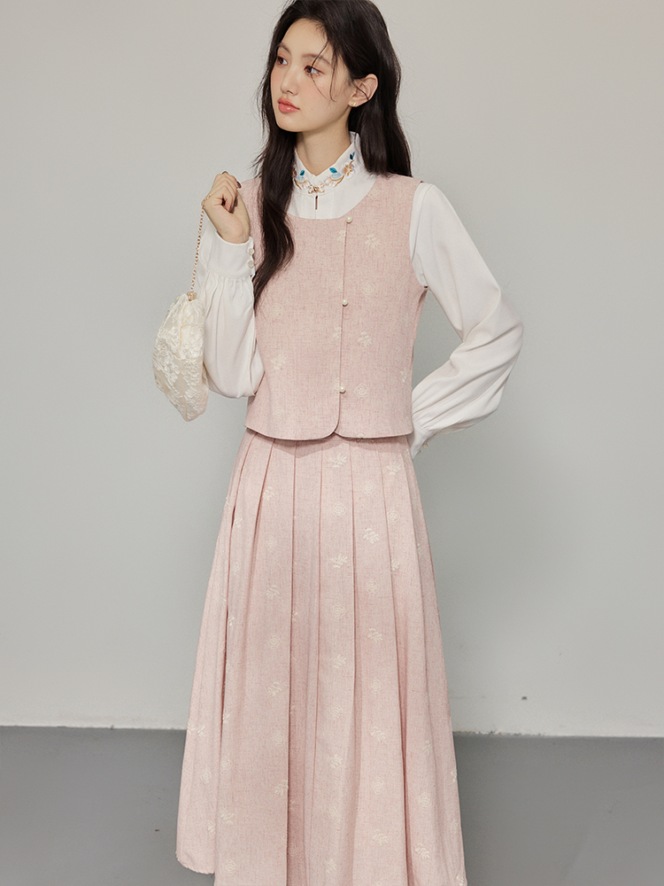 粉色刺繡新中式國風套裝女襯衫馬甲半身裙春季穿搭一整套