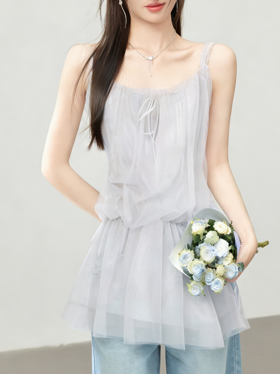 2026夏韓系甜美減齡吊帶背心上衣裙子網紗顯瘦清純小個子女