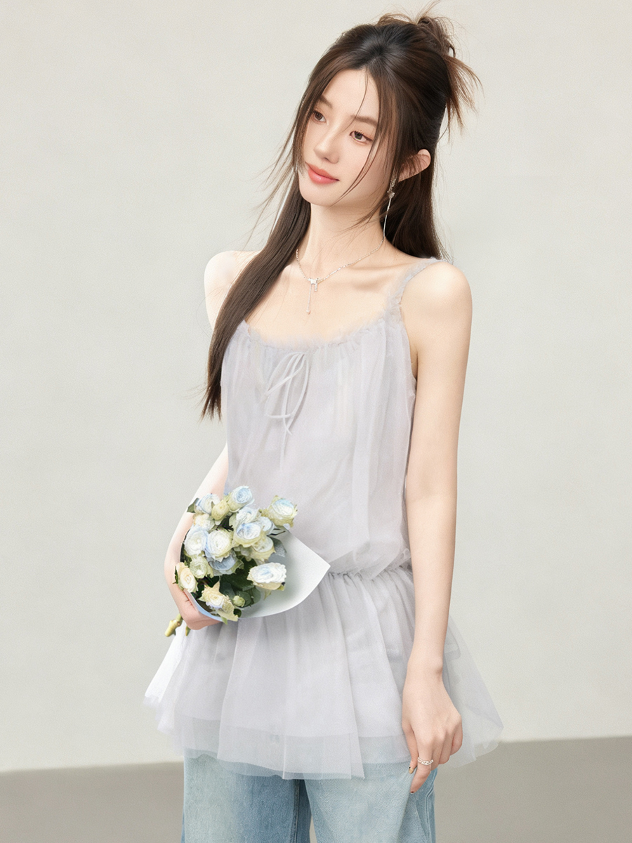 2026夏韓系甜美減齡吊帶背心上衣裙子網紗顯瘦清純小個子女