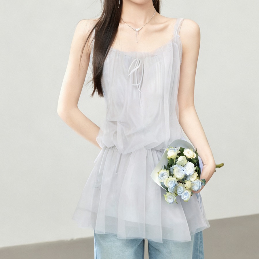 2026夏韓系甜美減齡吊帶背心上衣裙子網紗顯瘦清純小個子女