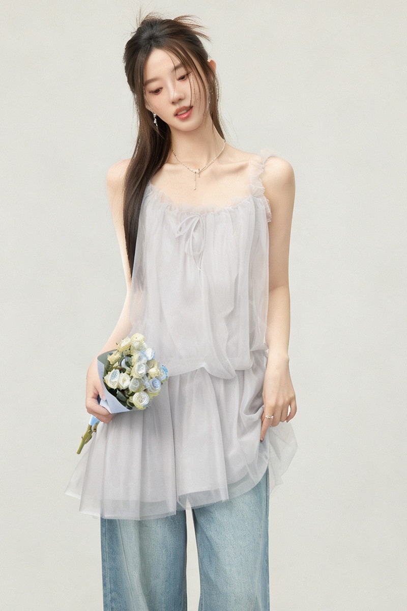 2026夏韓系甜美減齡吊帶背心上衣裙子網紗顯瘦清純小個子女