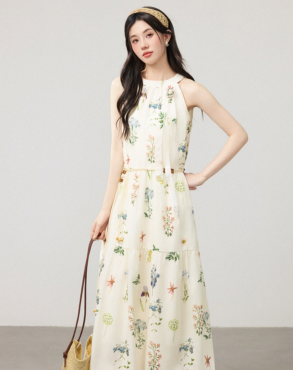 莫奈花園油畫感印花掛脖無吊帶連衣裙甜美碎花連衣裙女海邊度假裙