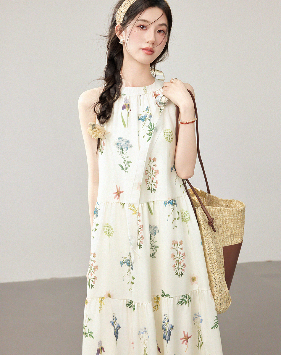 莫奈花園油畫感印花掛脖無吊帶連衣裙甜美碎花連衣裙女海邊度假裙