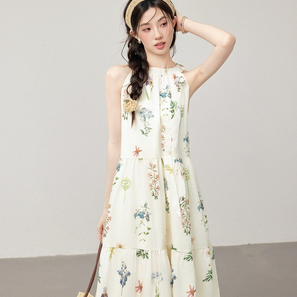 莫奈花園油畫感印花掛脖無吊帶連衣裙甜美碎花連衣裙女海邊度假裙