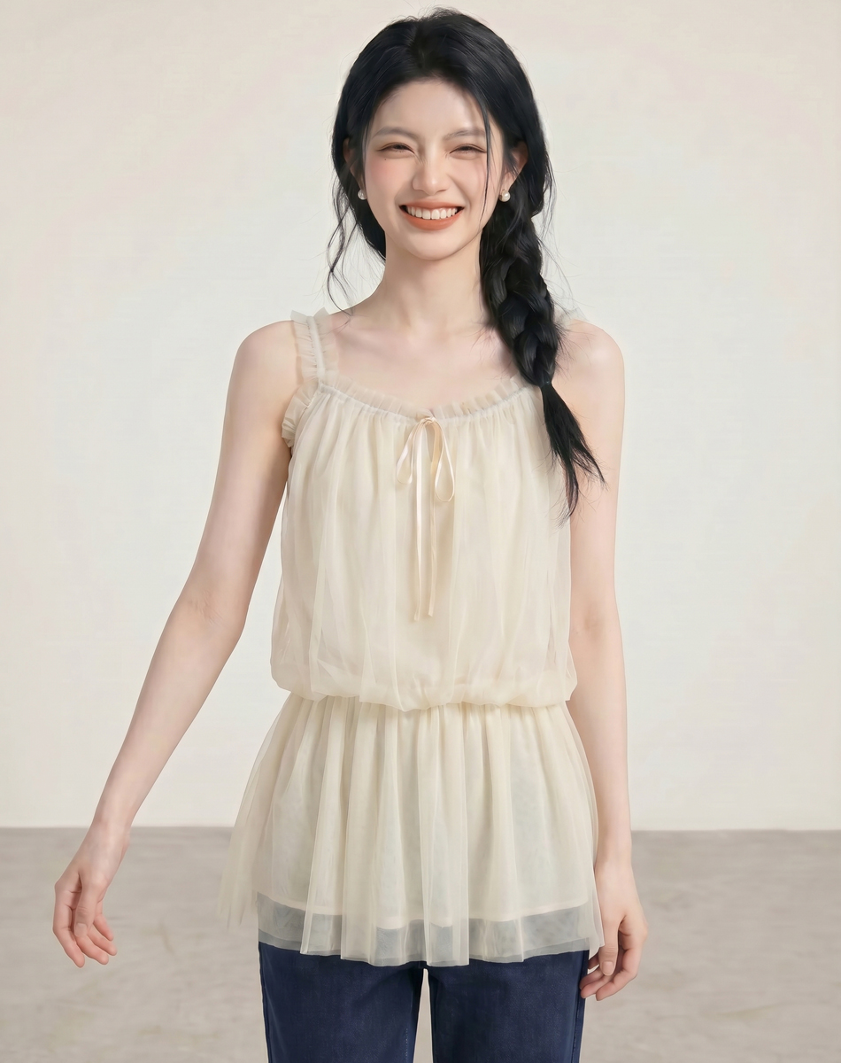 2026夏韓系甜美減齡吊帶背心上衣裙子網紗顯瘦清純小個子女