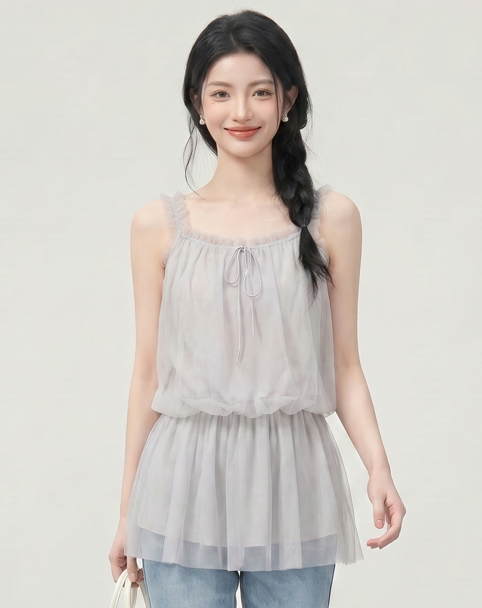 2026夏韓系甜美減齡吊帶背心上衣裙子網紗顯瘦清純小個子女