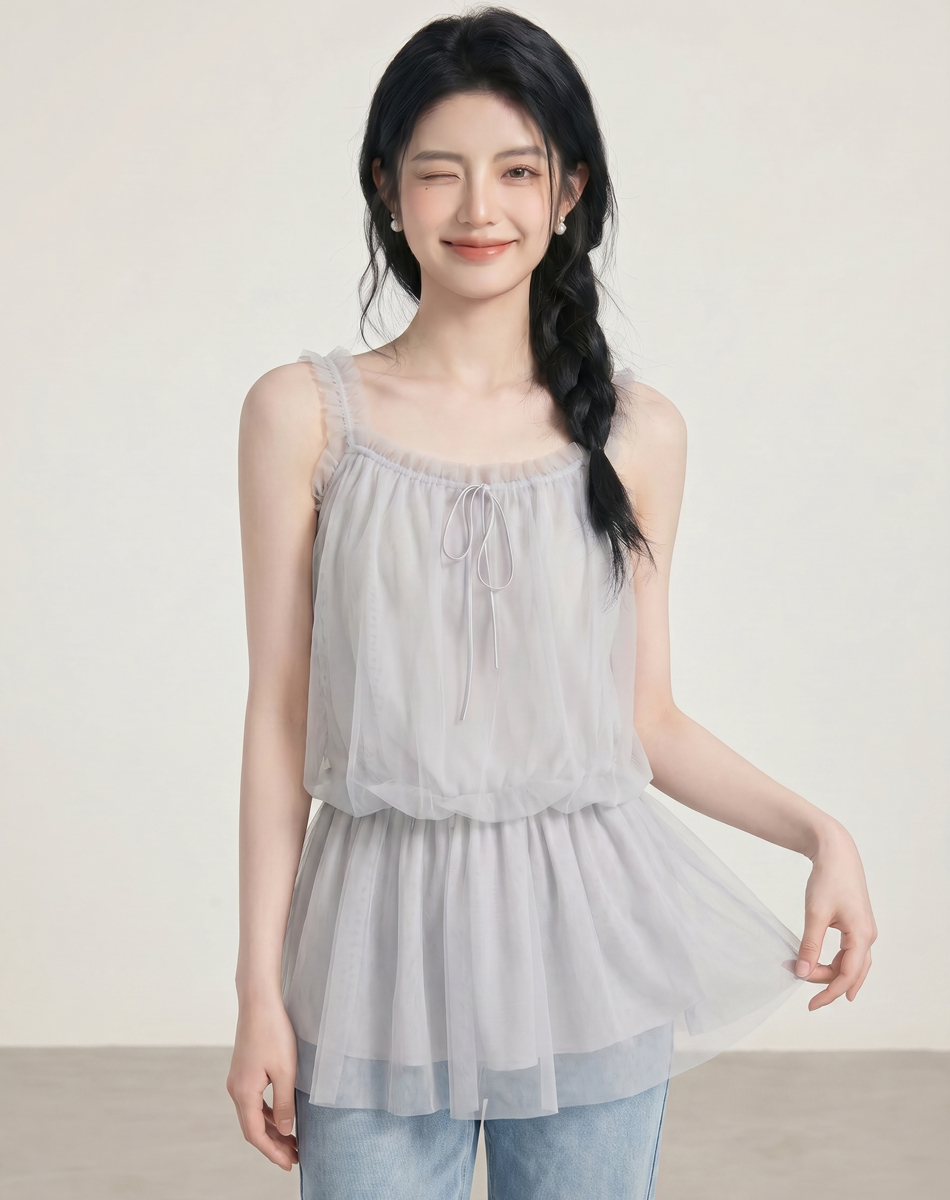 2026夏韓系甜美減齡吊帶背心上衣裙子網紗顯瘦清純小個子女