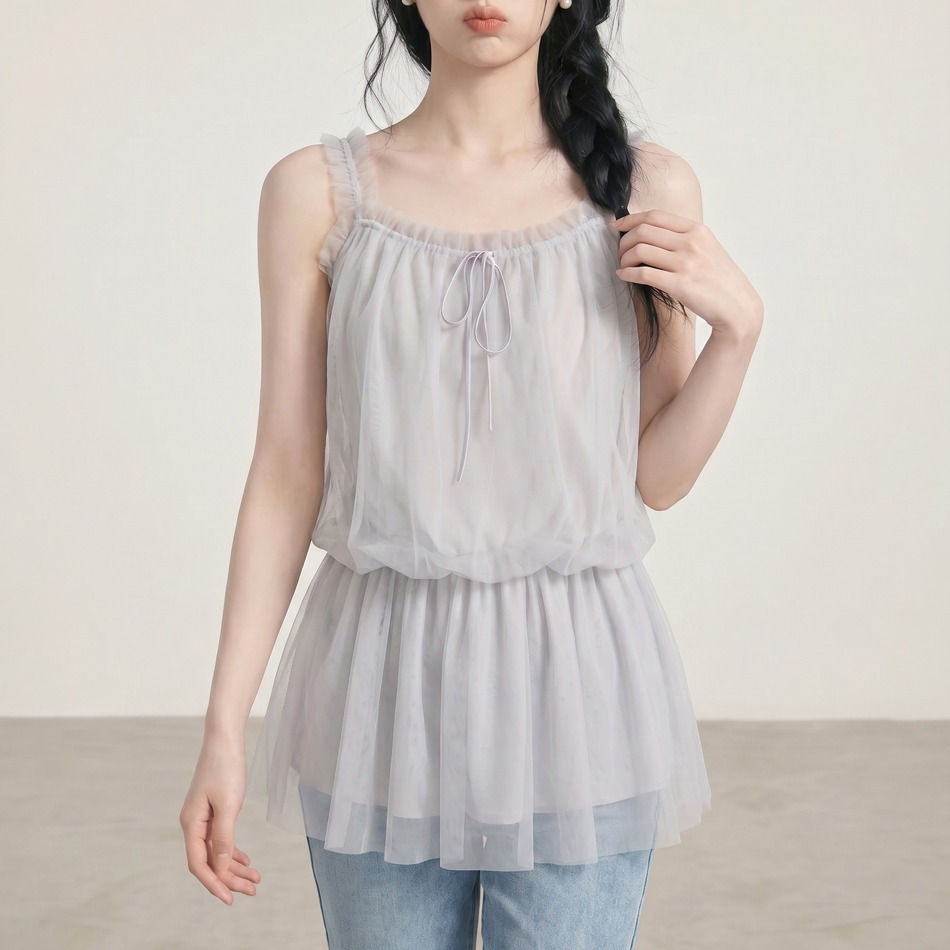 2026夏韓系甜美減齡吊帶背心上衣裙子網紗顯瘦清純小個子女