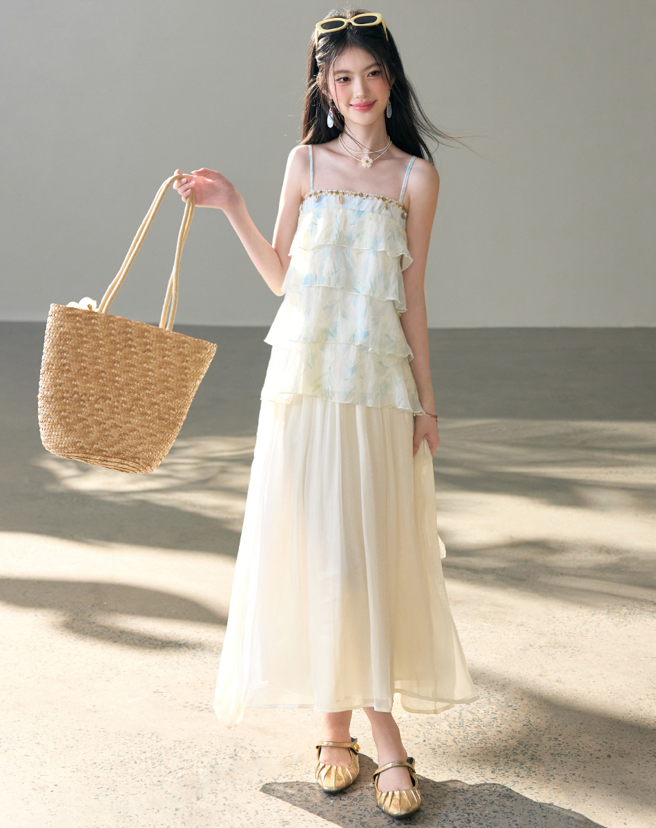 夏季新款氣質巨好看海濱織帶吊帶蛋糕上衣半裙套裝女夏季兩件套