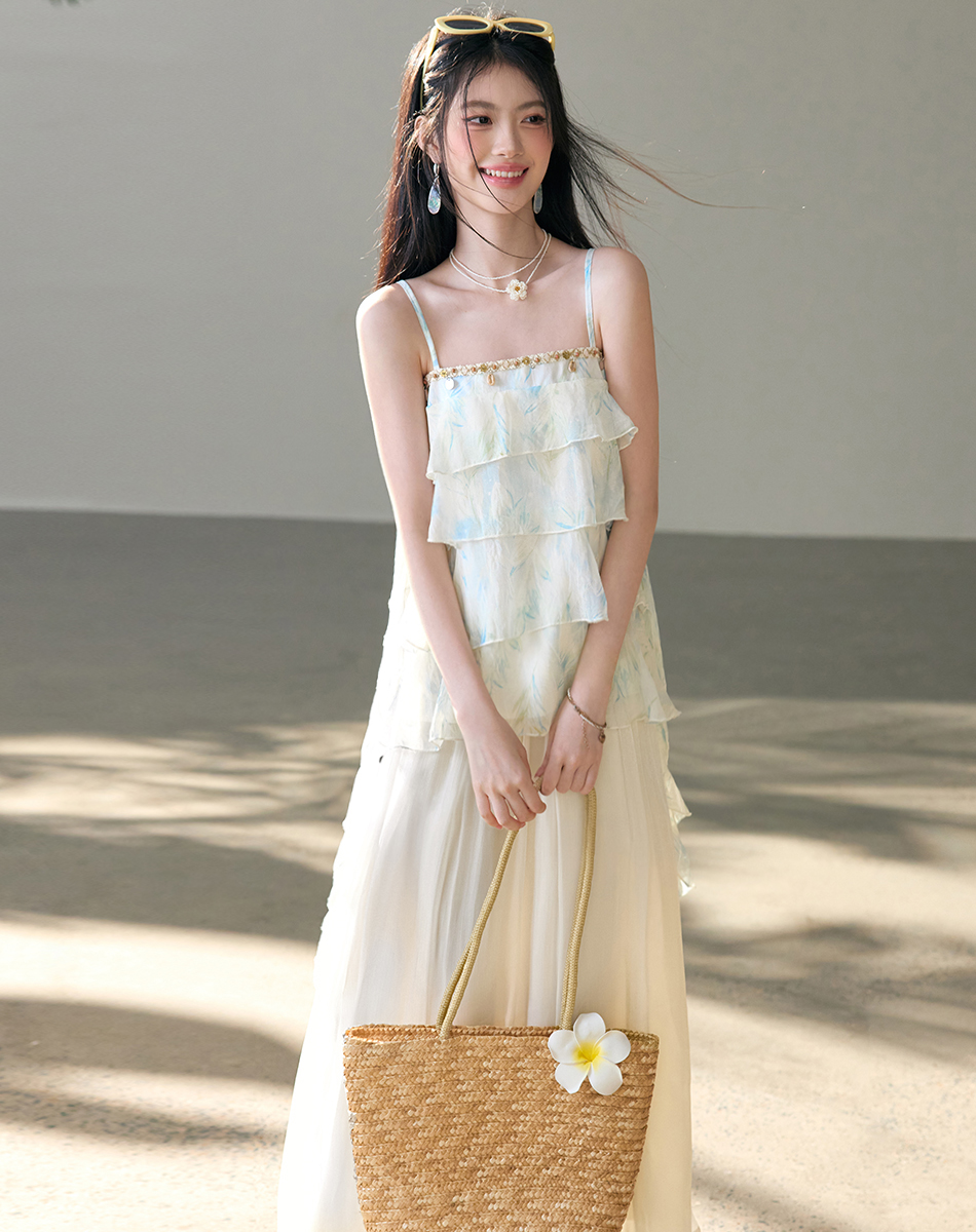 夏季新款氣質巨好看海濱織帶吊帶蛋糕上衣半裙套裝女夏季兩件套