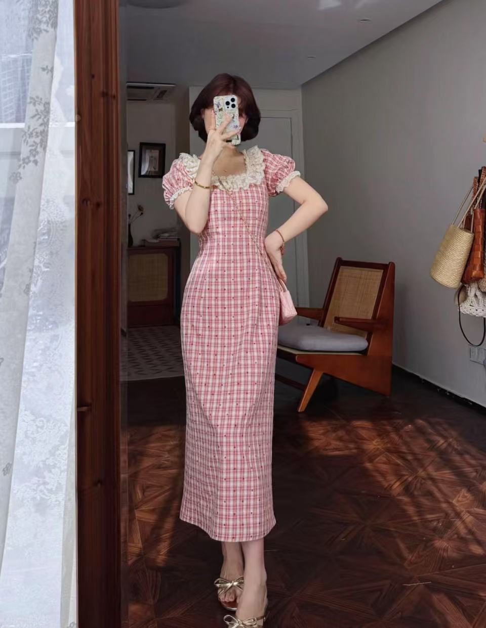 MY7643# 蕾英俊-安妮日记-法式复古方领红格爱心碎花花边俏皮连衣裙女...
