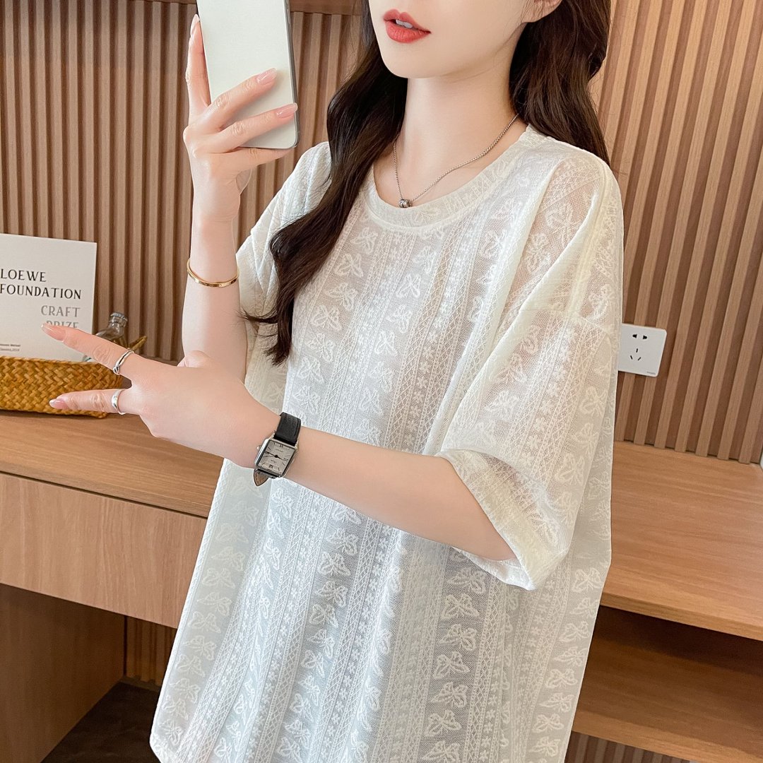 實拍-蕾絲鏤空提花短袖t恤女夏裝新款大碼高級感純欲微透上衣罩衫