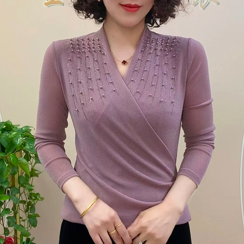 MY13297# 长袖t恤网纱修身上衣烫钻显瘦打底衫妈妈洋气内搭女裝貨源服...
