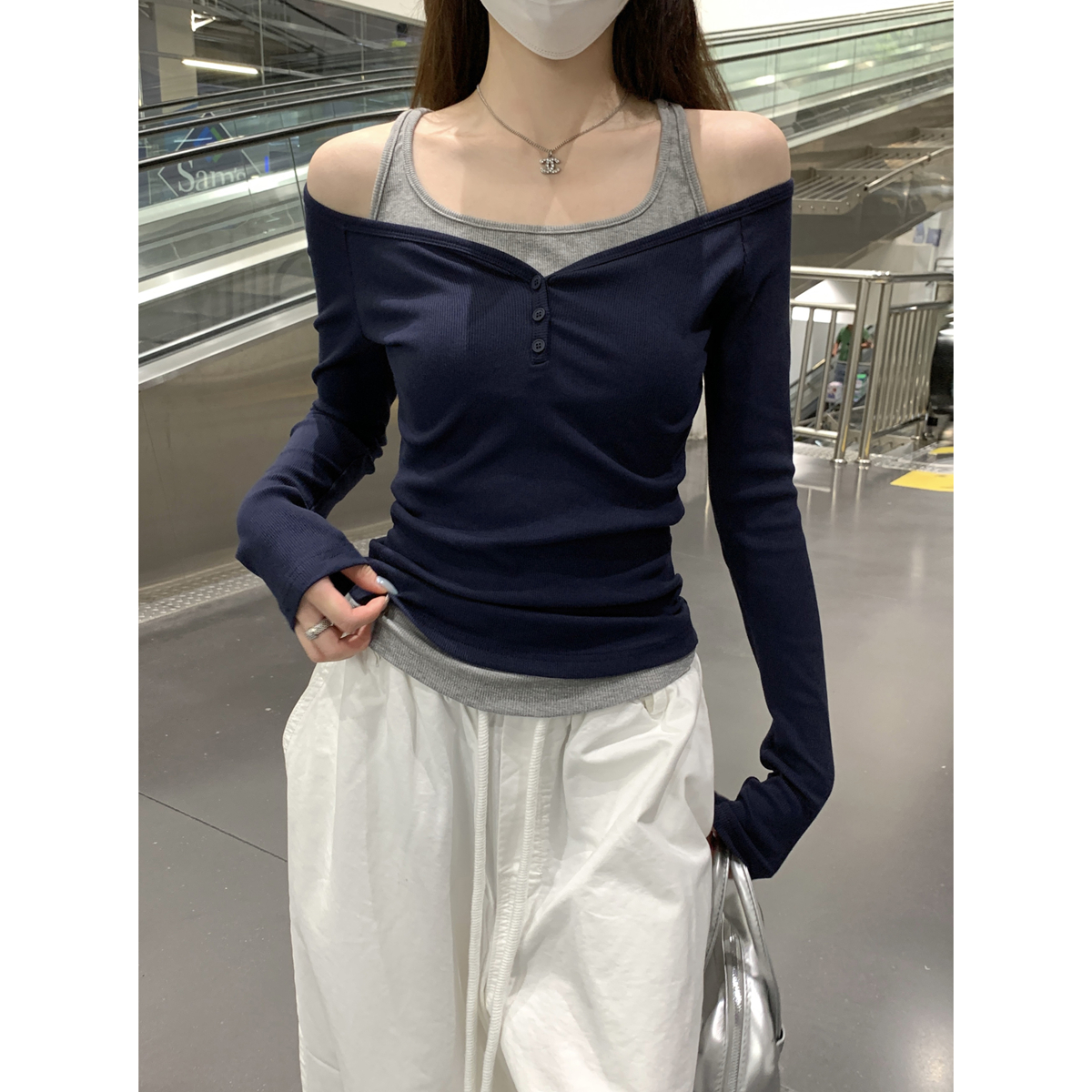 MY12986# 韩版撞色修身气质露肩假两件设计感长袖T恤上衣女女裝貨源服...