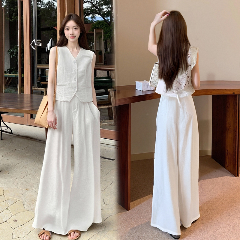 MY12173# 法式气质套装夏季新款老钱风马甲镂空蕾丝阔腿裤两件套女裝貨源服裝批發