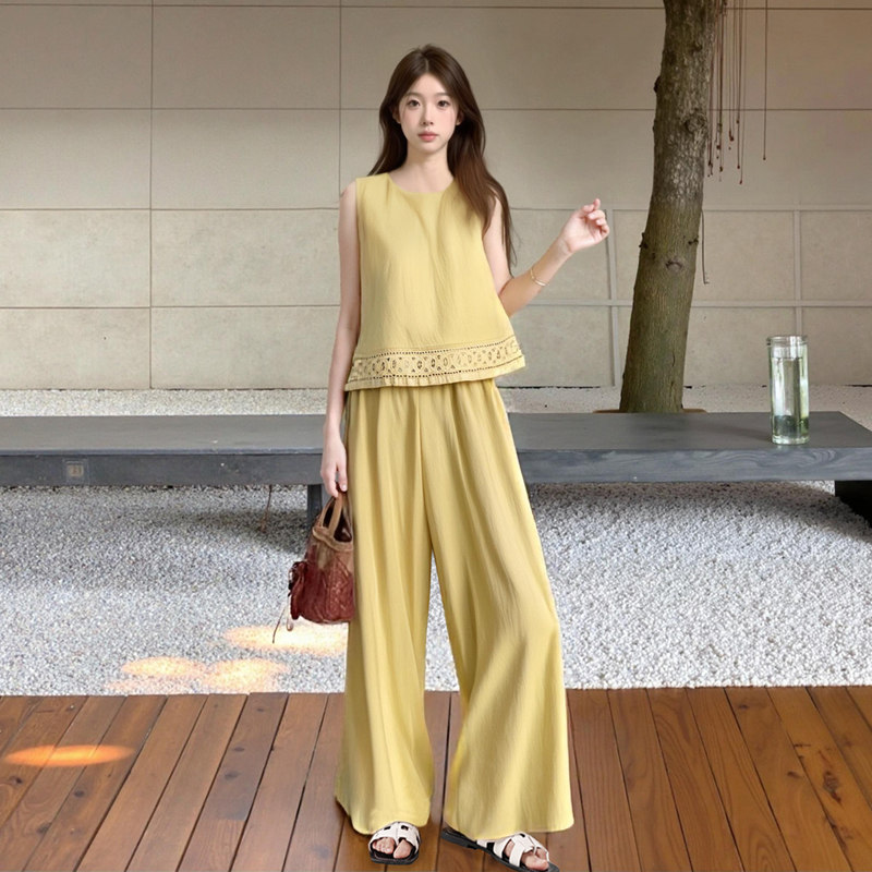 MY12170# 法式气质套装夏季新款老钱风棉麻蕾丝马甲阔腿裤两件套女裝貨源服裝批發