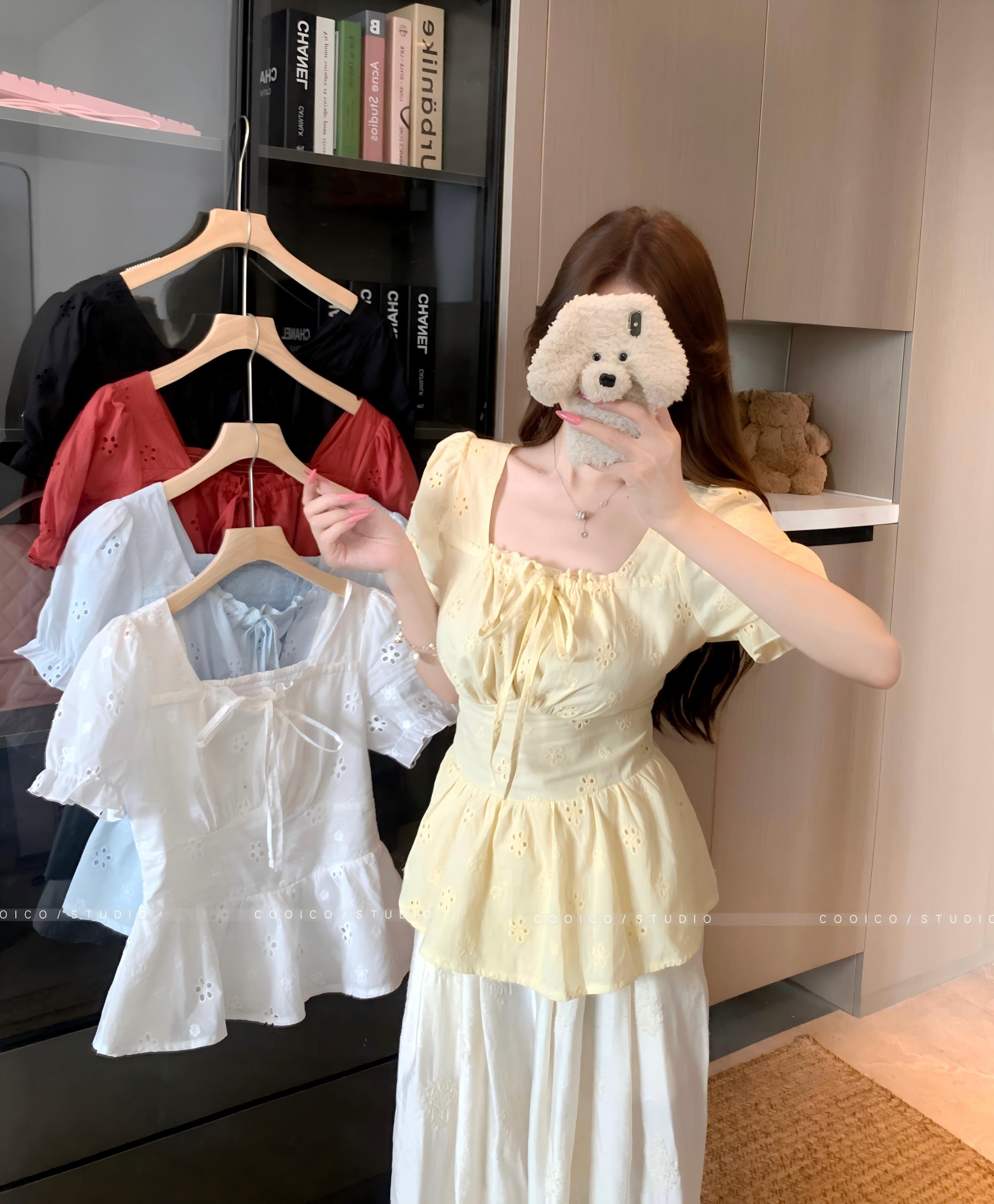 FA35087# 大码法式甜美方领镂空短袖衬衫女夏季新款胖MM温柔风显瘦上衣 服裝批發女裝批發服飾貨源