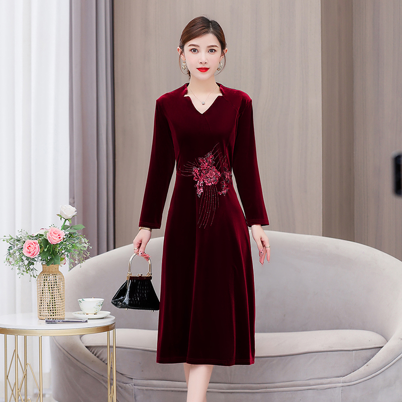 MY13449# 喜婆婆婚宴阔太太金丝绒连衣裙婚礼礼服高贵改良旗袍女女裝貨源服裝批發