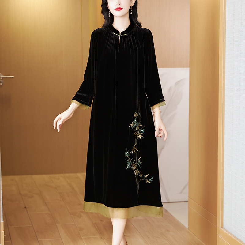 MY13441# 金丝绒七分长袖连衣裙新中式国风复古金丝绒妈妈改良旗袍女裝貨源服裝批發