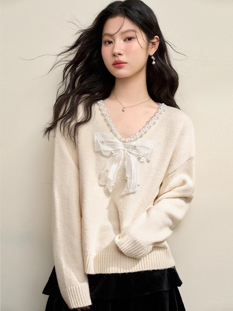 MY14339# 蝴蝶结针织衫新款深V领钉珠慵懒风宽松毛衣女裝貨源服裝批發
