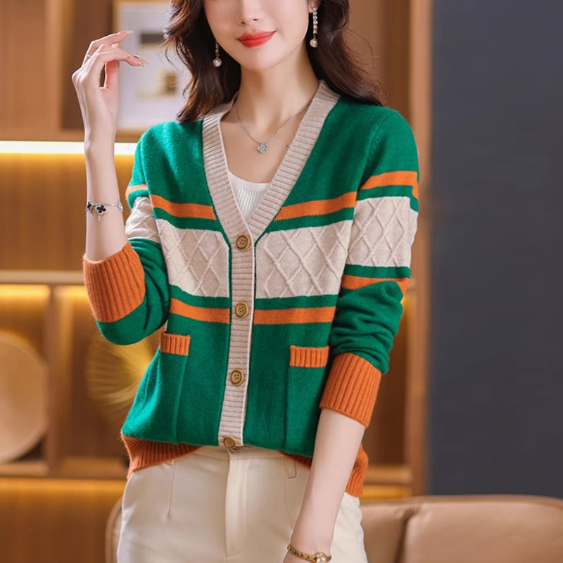 MY15394# 新款针织开衫女拼色时尚洋气打底衫慵懒风毛衣外套上衣女女裝貨源服裝批發