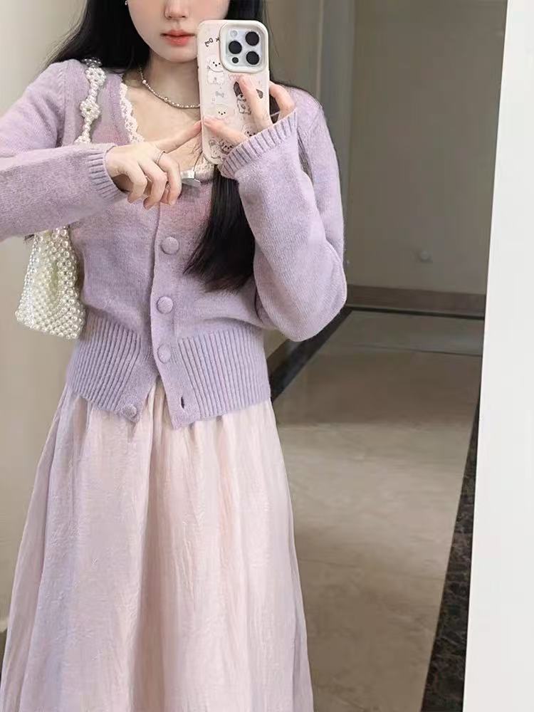 MY15937# 温柔风秋冬紫色蕾丝花边针织开衫外套女小香风毛衣外穿长袖上衣女裝貨源服裝批發