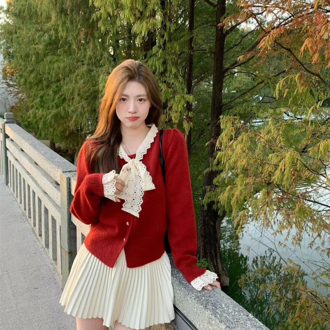 MY15938#女法式蕾丝系带针织开衫泡泡袖显瘦时髦外搭毛衣外套女裝貨源服裝批發