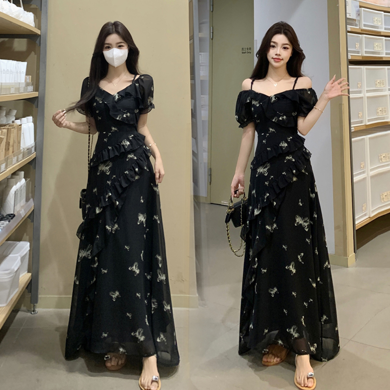 RY3302# 实拍~大码女装夏季不规则印花连衣裙露肩两穿蝴蝶碎花显瘦长裙