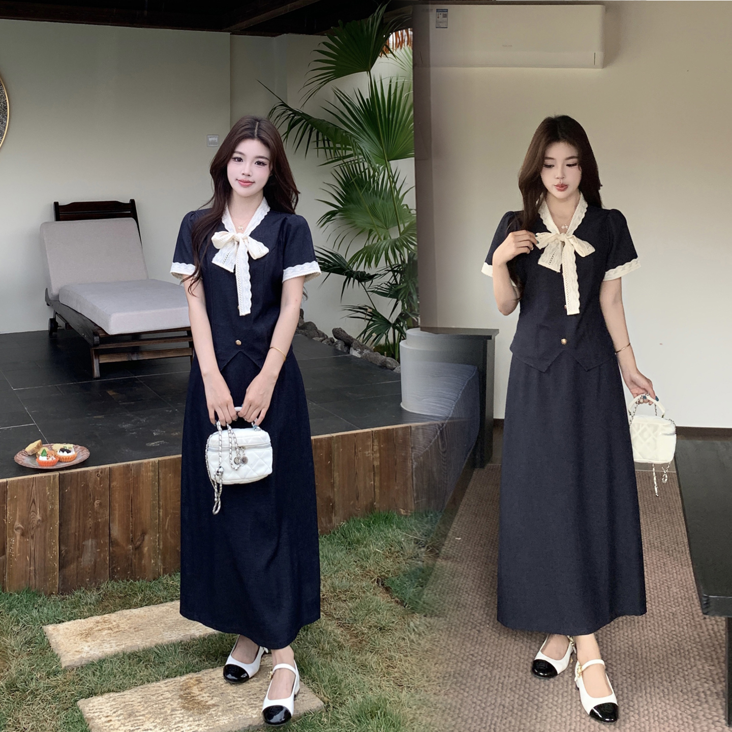 RY3301# 实拍大码女装夏季新款小香风蝴蝶结设计收腰显瘦上衣半身裙两件...