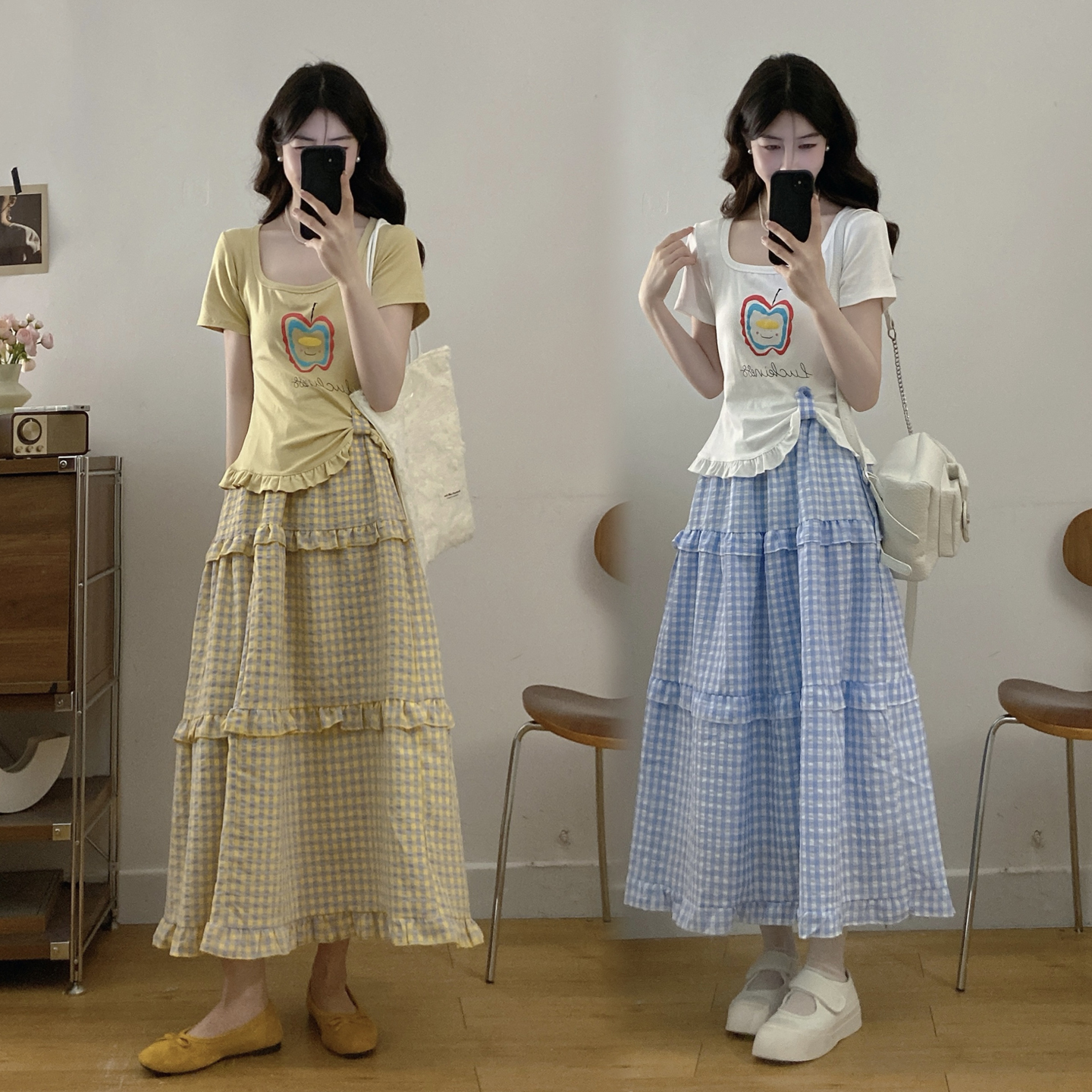 RY3300# 实拍慵懒风减龄大码女装显瘦套装韩系设计感短袖T恤格子半身裙