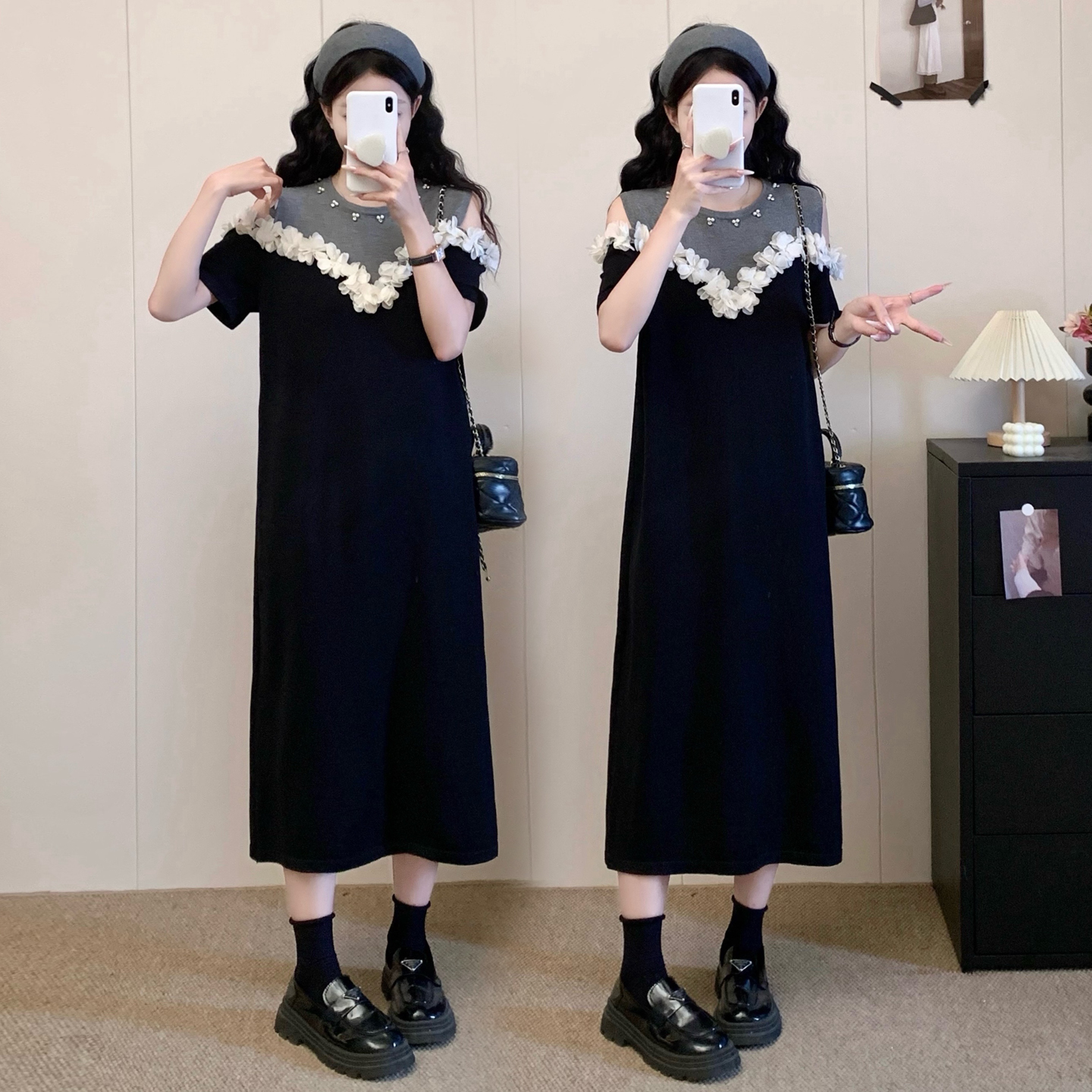 RY3304# 实拍~露肩立体花朵设计大码女装连衣裙宽松中长款显瘦裙子