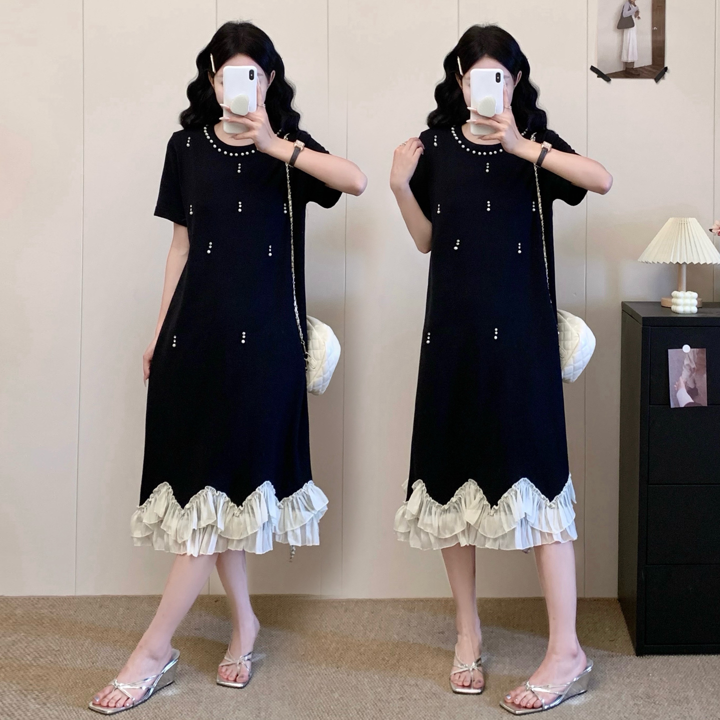 RY3303# 实拍设计感重工连衣裙大码胖MM女夏季圆领宽松显瘦花边裙