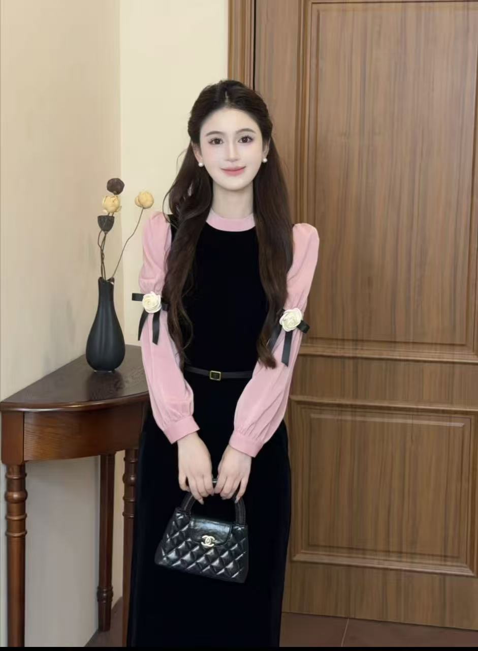 MY15935# 李李家黑粉玫瑰法式千金风高级感撞色黑丝绒连衣裙女裝貨源服裝批發