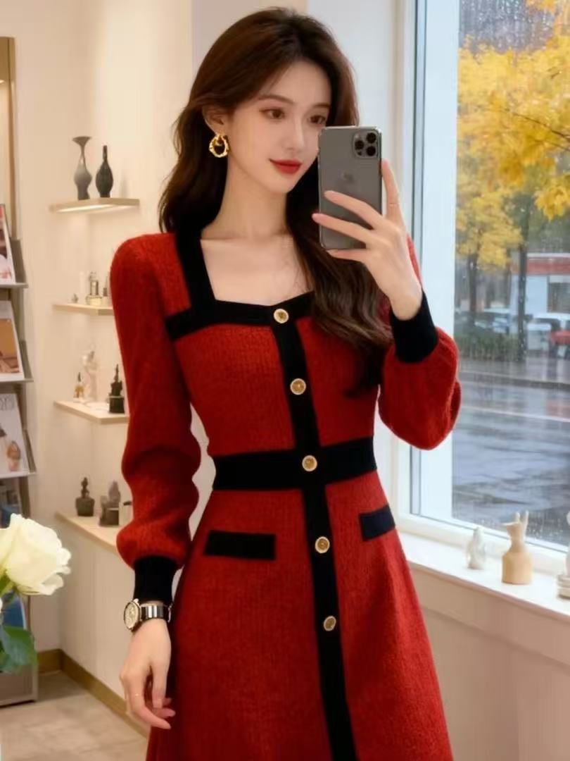 MY15936# 韩国轻奢名媛小香风圣诞敬酒红色针织连衣裙女秋冬小香风打底长裙女裝貨源服裝批發