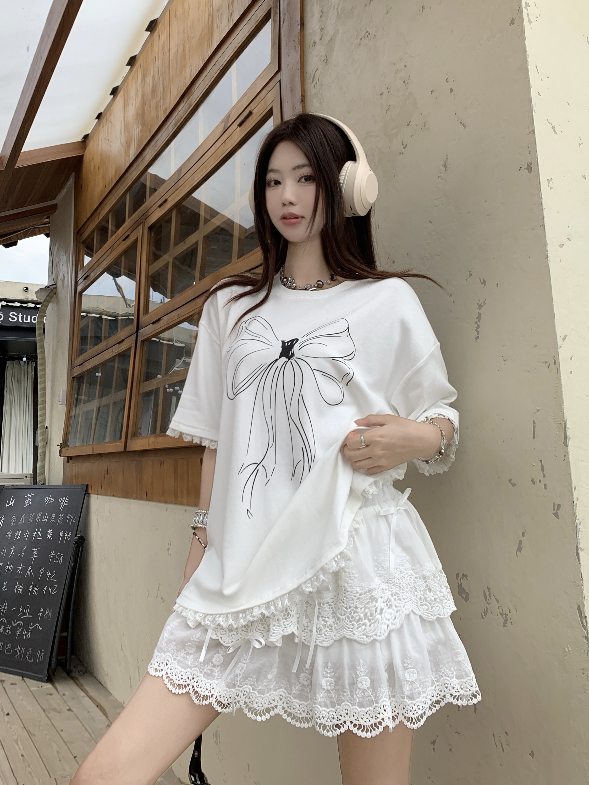 MY11172# 夏季大码套装手绘蝴蝶结蕾丝边白色短袖t恤女设计感上衣女裝貨源服裝批發