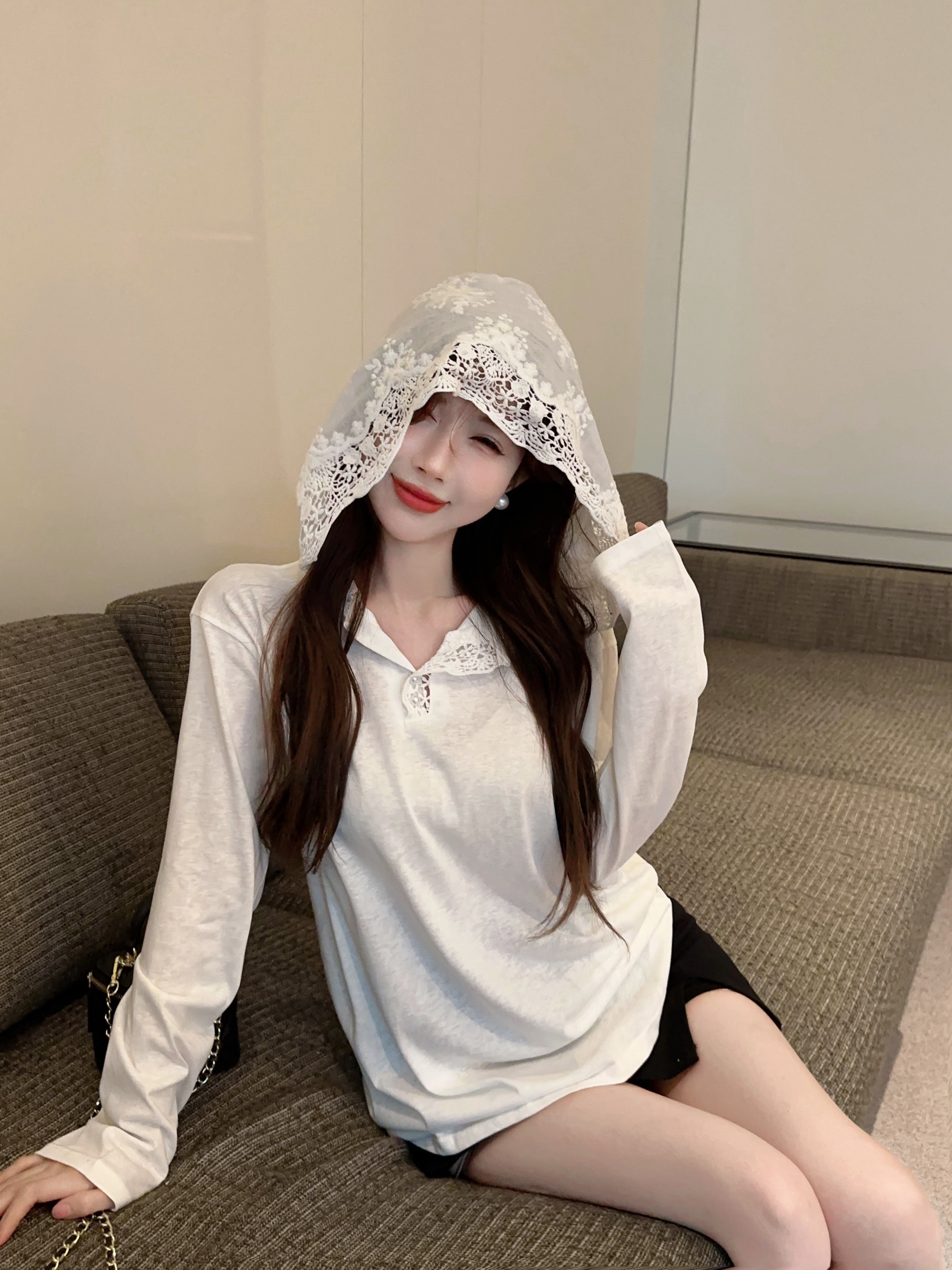 MY14424# 百搭显瘦蕾丝连帽拼接上衣T恤女叠穿套头显瘦防晒衣女裝貨源服裝批發