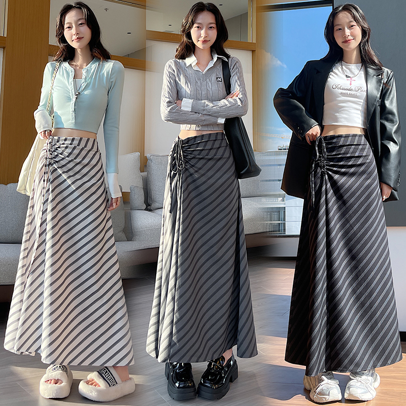 MY16584# 复古绑带斜条纹半身裙高腰显瘦垂感半身包臀裙女裝貨源服裝批...