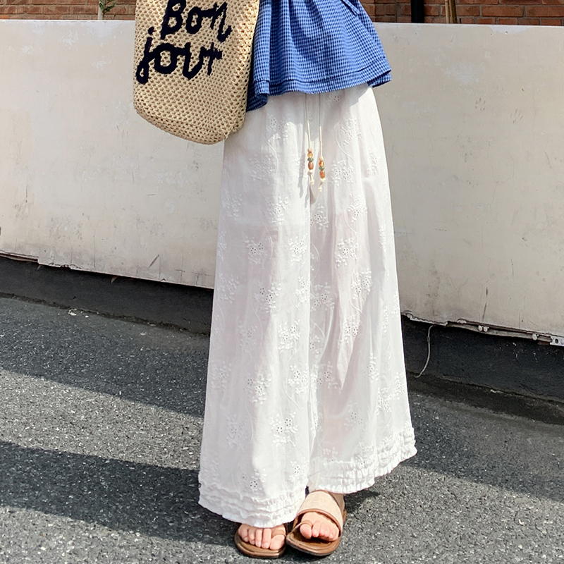 白色鏤空蕾絲闊腿褲女2026夏季薄款花邊勾花寬松休閑直筒九分褲子