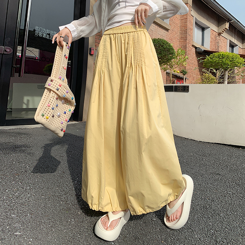 姜黃色速干花苞工裝褲女夏季薄款寬松顯瘦松緊腰休閑束腳燈籠褲