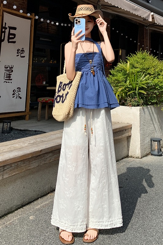 白色鏤空蕾絲闊腿褲女2026夏季薄款花邊勾花寬松休閑直筒九分褲子