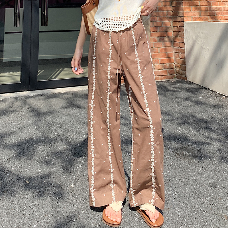 棕色碎花刺繡直筒九分休閑褲女2026夏季新款高腰顯瘦抽繩寬松褲子