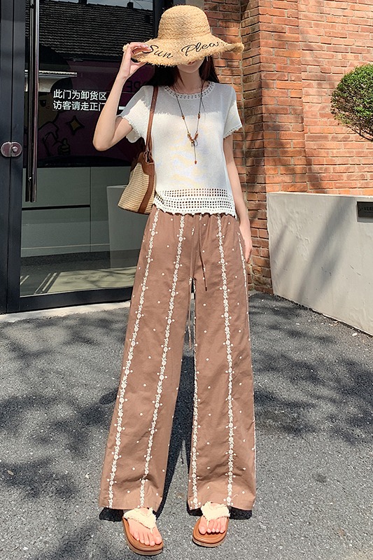 棕色碎花刺繡直筒九分休閑褲女2026夏季新款高腰顯瘦抽繩寬松褲子